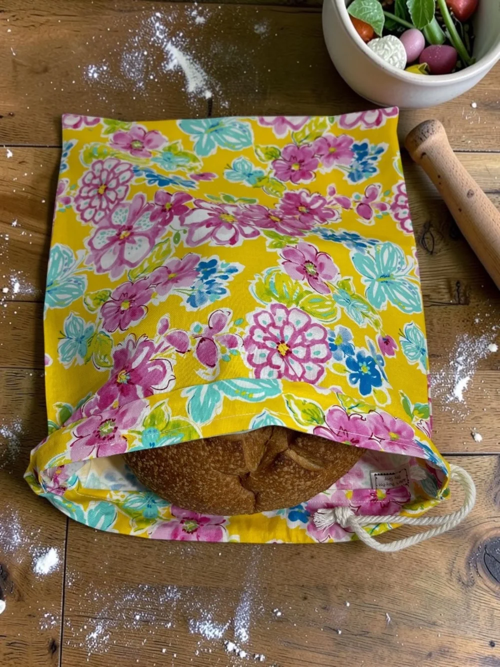Floral Yellow Flower Bread Bag, Organic Reusable Cotton Sourdough Bread Bag